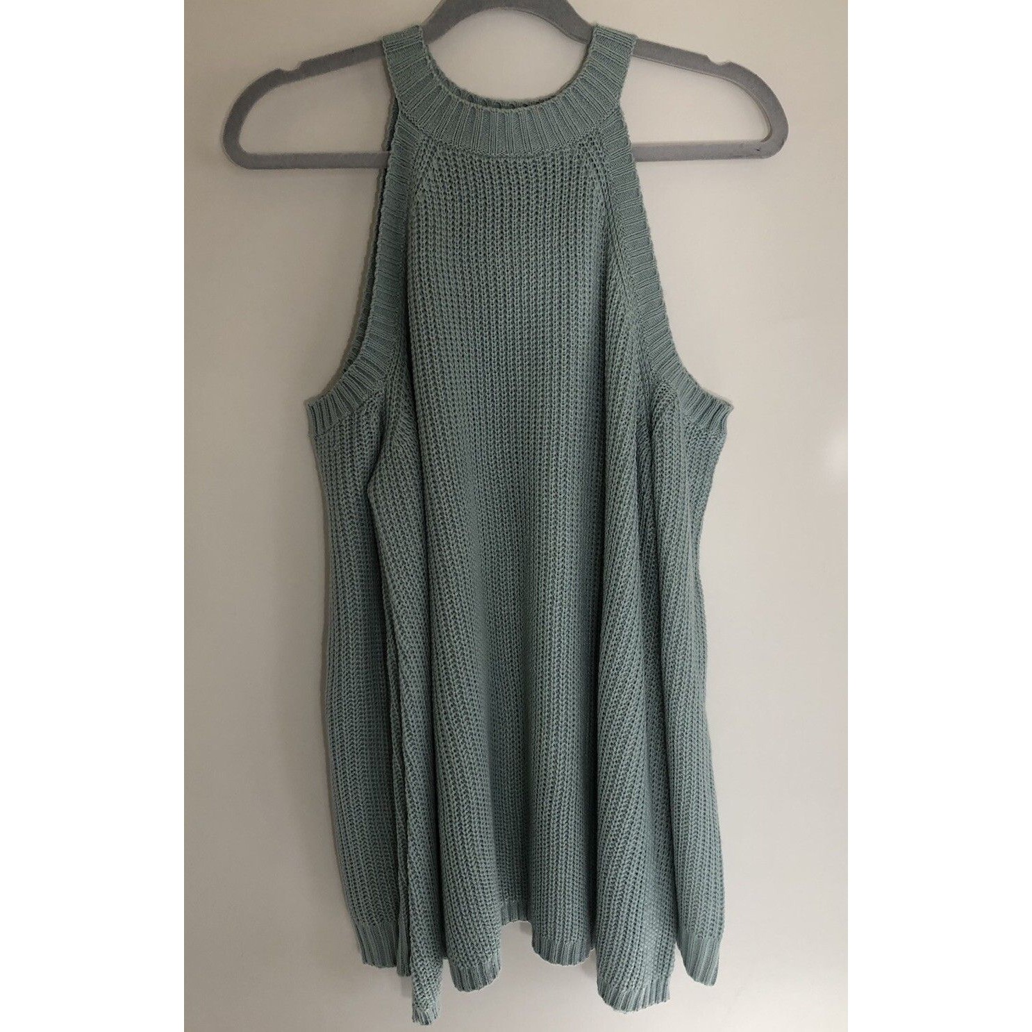 She + Sky Long Sleeve Slate Blue Cold Shoulder Tunic High Neck Sweater Med Euc — image 2 of 6